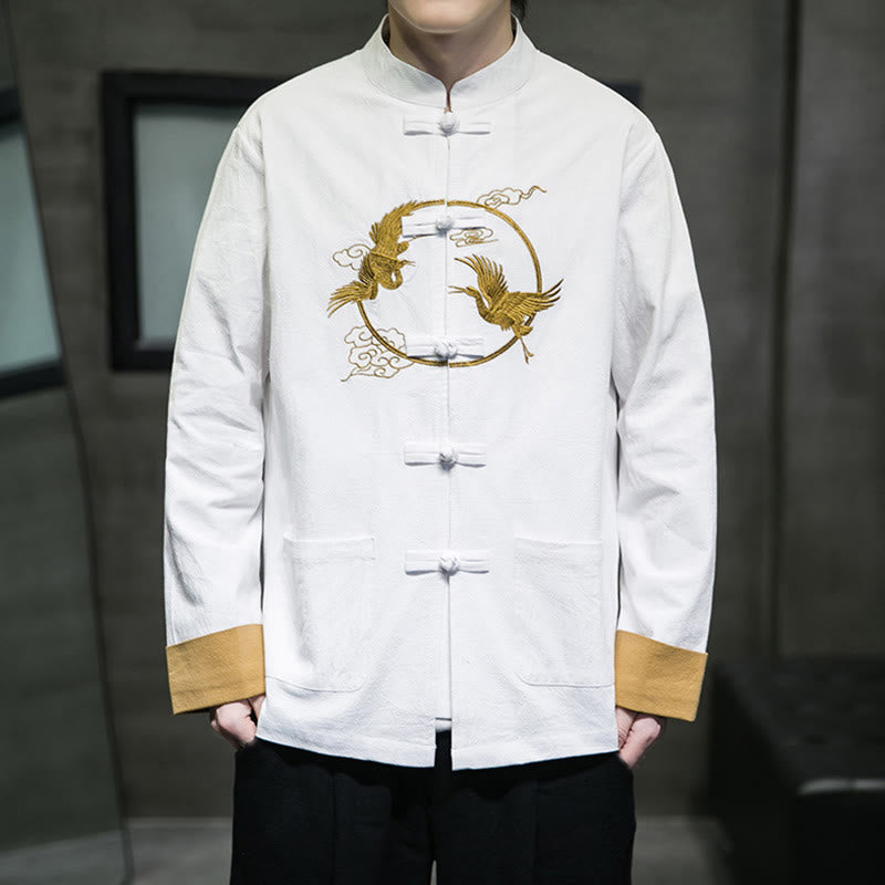Buddha Stones Embroidery Cranes Pattern Frog-Button Men's Cotton Long Sleeve Jacket With Pockets - White - US/UK/AU46，EU56 (5XL) - image 7