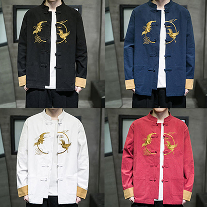 Buddha Stones Embroidery Cranes Pattern Frog-Button Men's Cotton Long Sleeve Jacket With Pockets - image 37