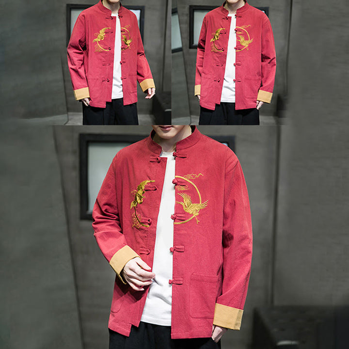 Buddha Stones Embroidery Cranes Pattern Frog-Button Men's Cotton Long Sleeve Jacket With Pockets - image 6