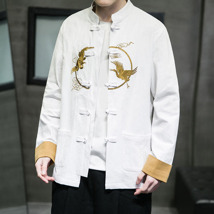 Buddha Stones Embroidery Cranes Pattern Frog-Button Men's Cotton Long Sleeve Jacket With Pockets - image 8