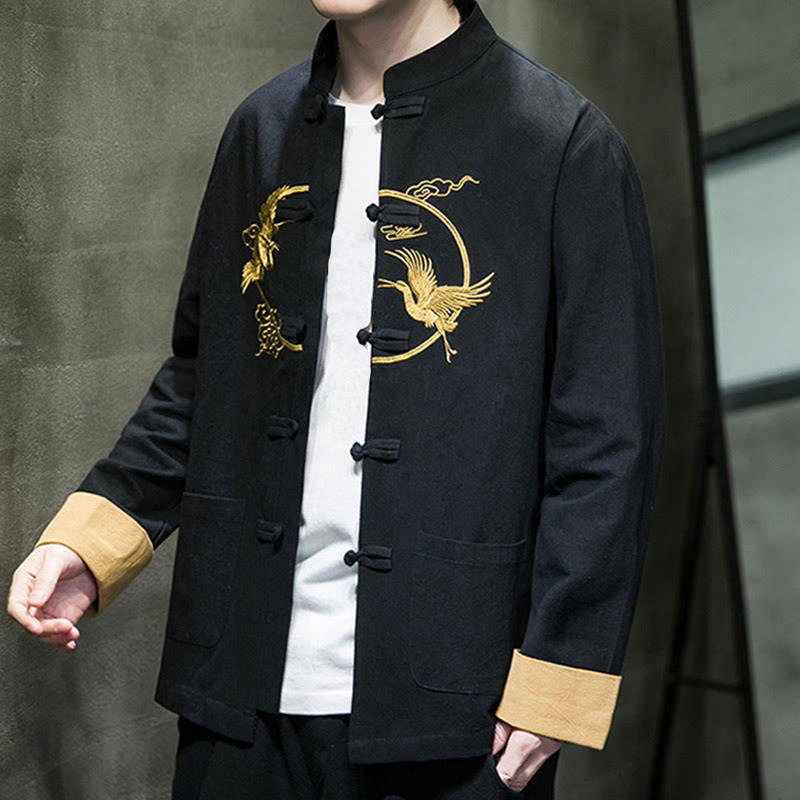 Buddha Stones Embroidery Cranes Pattern Frog-Button Men's Cotton Long Sleeve Jacket With Pockets - image 23