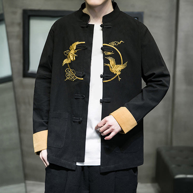 Buddha Stones Embroidery Cranes Pattern Frog-Button Men's Cotton Long Sleeve Jacket With Pockets - image 21