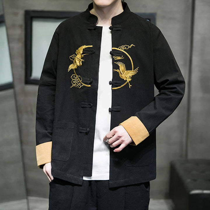Buddha Stones Embroidery Cranes Pattern Frog-Button Men's Cotton Long Sleeve Jacket With Pockets - image 21
