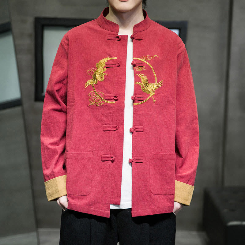Buddha Stones Embroidery Cranes Pattern Frog-Button Men's Cotton Long Sleeve Jacket With Pockets - image 3