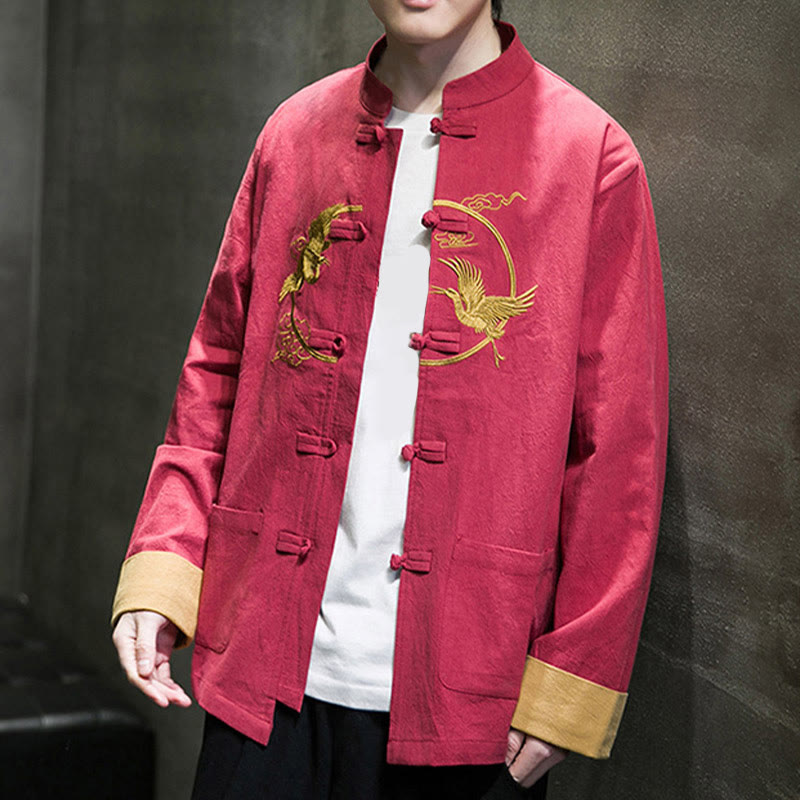 Buddha Stones Embroidery Cranes Pattern Frog-Button Men's Cotton Long Sleeve Jacket With Pockets - image 5
