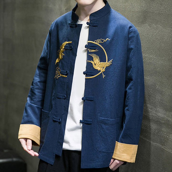 Buddha Stones Embroidery Cranes Pattern Frog-Button Men's Cotton Long Sleeve Jacket With Pockets - image 34