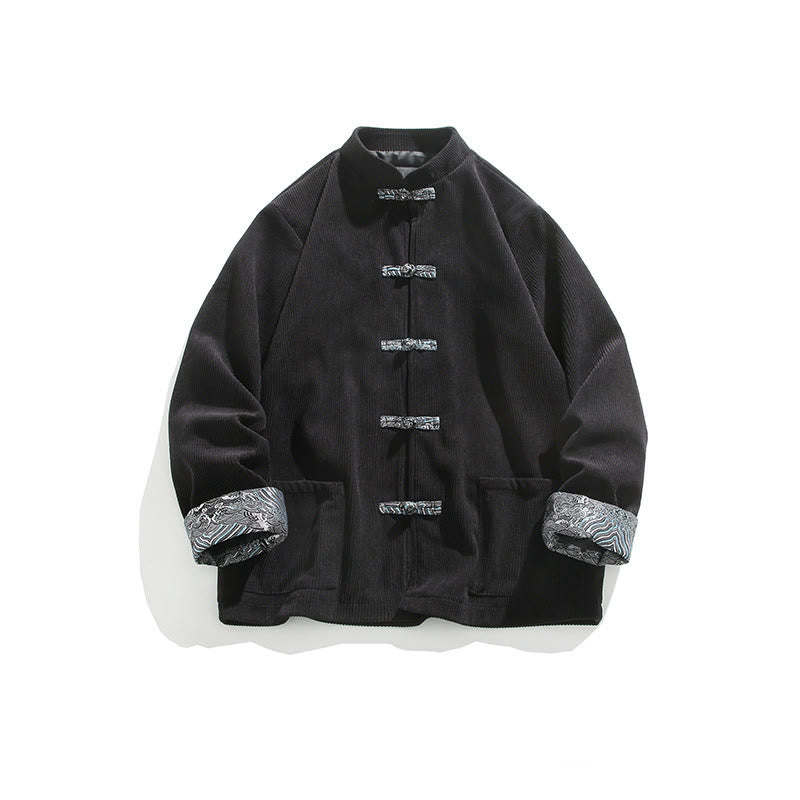 Buddha Stones Spring Jacquard Frog-Button Men's Cotton Corduroy Long Sleeve Jacket With Pockets - Black - US/UK/AU46，EU56 (5XL) - image 10