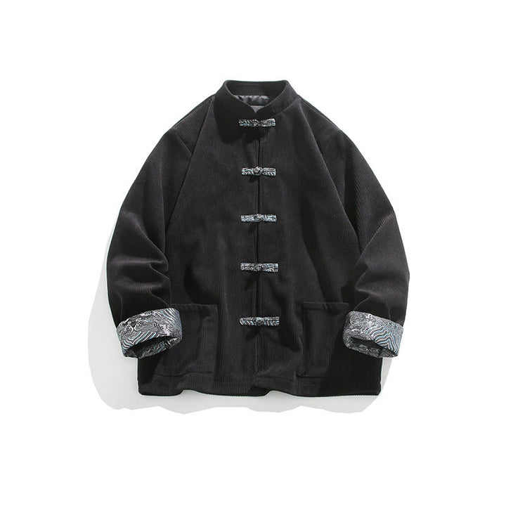 Buddha Stones Spring Jacquard Frog-Button Men's Cotton Corduroy Long Sleeve Jacket With Pockets - Black - US/UK/AU46，EU56 (5XL) - image 10