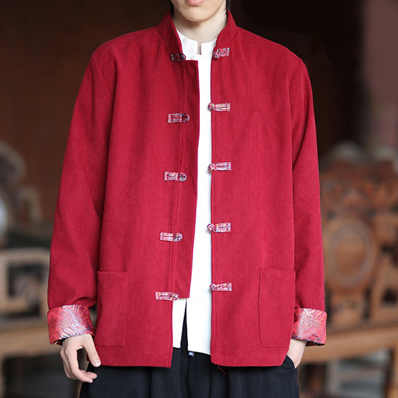 Buddha Stones Spring Jacquard Frog-Button Men's Cotton Corduroy Long Sleeve Jacket With Pockets - image 2