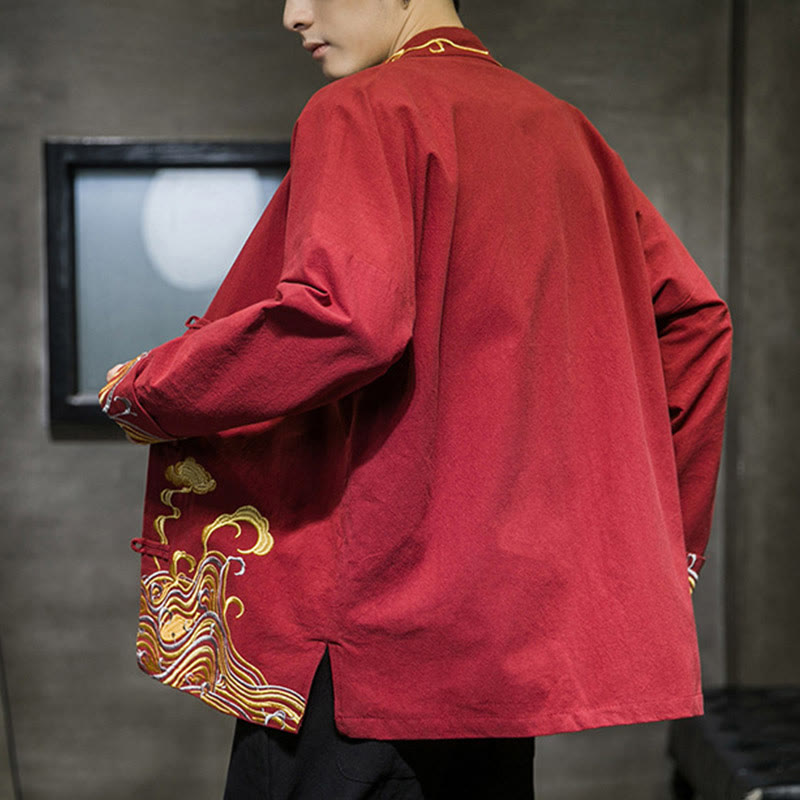 Buddha Stones Embroidered Clouds Frog-Button Long Sleeve Men's Cotton Tang Suit Jacket - image 2