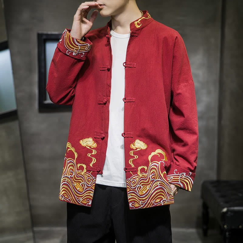 Buddha Stones Embroiderd Clouds Frog-Button Long Sleeve Men's Cotton Tang Suit Jacket - Crimson - US/UK/AU46，EU56 (5XL) - image 0