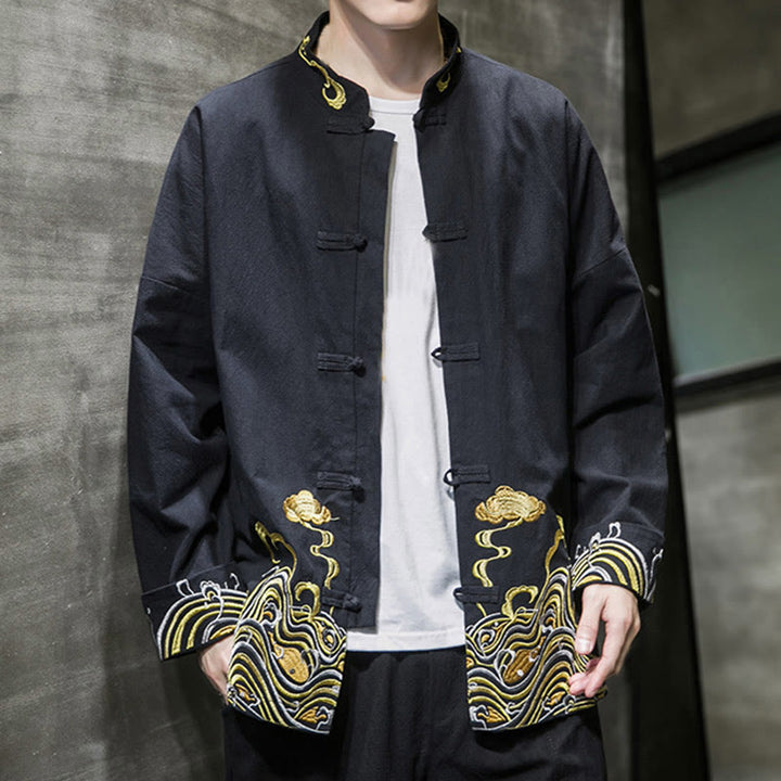 Buddha Stones Embroiderd Clouds Frog-Button Long Sleeve Men's Cotton Tang Suit Jacket - image 15