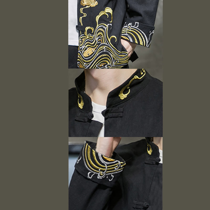 Buddha Stones Embroiderd Clouds Frog-Button Long Sleeve Men's Cotton Tang Suit Jacket - image 18