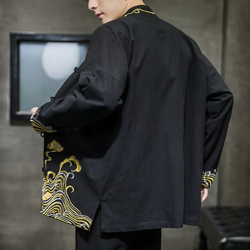 Buddha Stones Embroiderd Clouds Frog-Button Long Sleeve Men's Cotton Tang Suit Jacket - image 13