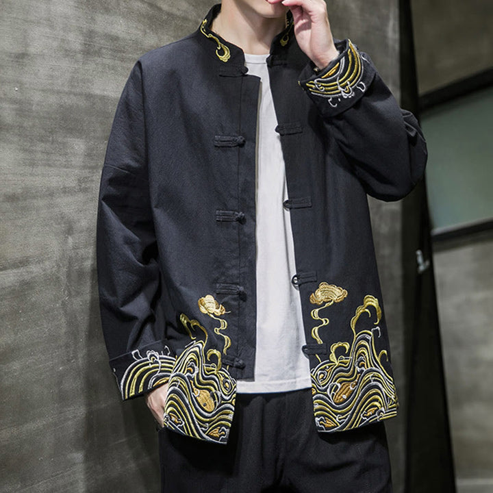 Buddha Stones Embroidered Clouds Frog-Button Long Sleeve Men's Cotton Tang Suit Jacket - image 17