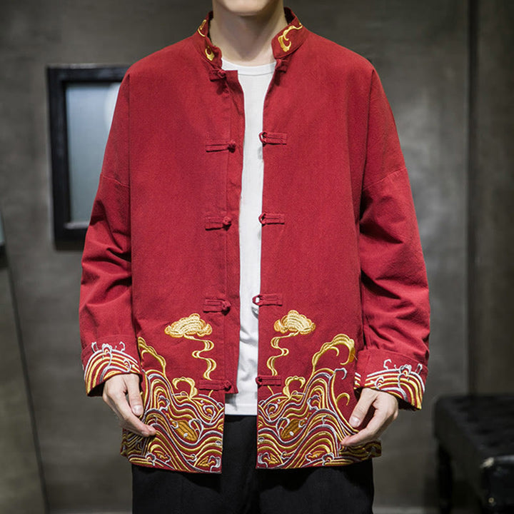 Buddha Stones Embroidered Clouds Frog-Button Long Sleeve Men's Cotton Tang Suit Jacket - image 3