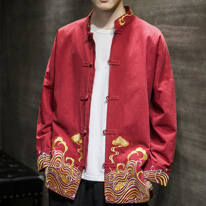 Buddha Stones Embroiderd Clouds Frog-Button Long Sleeve Men's Cotton Tang Suit Jacket - image 6