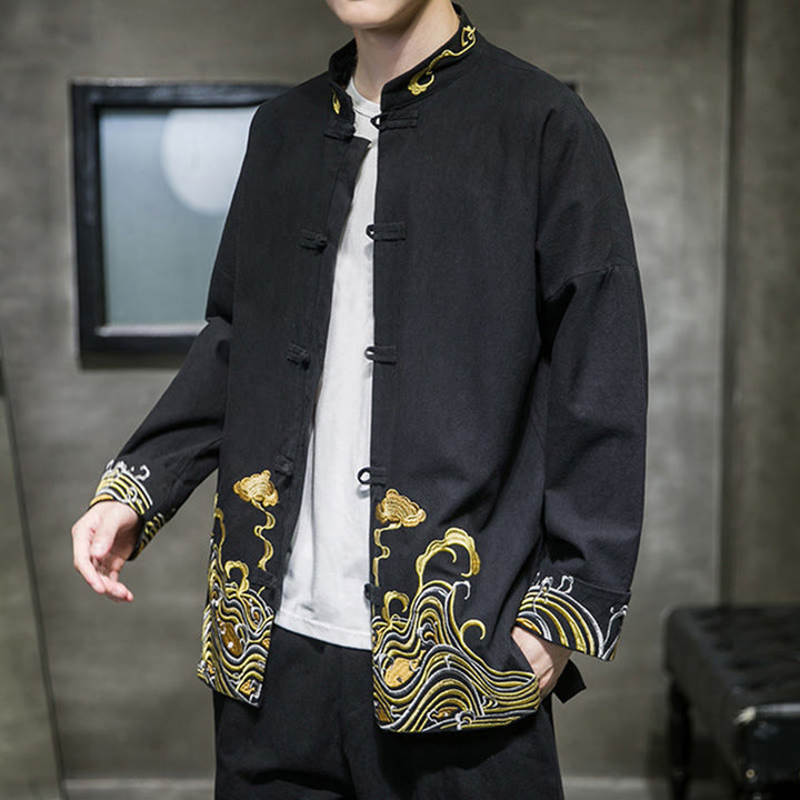 Buddha Stones Embroidered Clouds Frog-Button Long Sleeve Men's Cotton Tang Suit Jacket - image 12