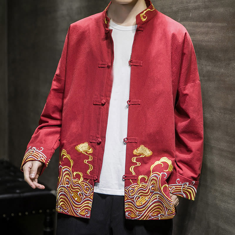 Buddha Stones Embroiderd Clouds Frog-Button Long Sleeve Men's Cotton Tang Suit Jacket - image 7