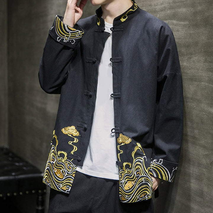 Buddha Stones Embroidered Clouds Frog-Button Long Sleeve Men's Cotton Tang Suit Jacket - image 14