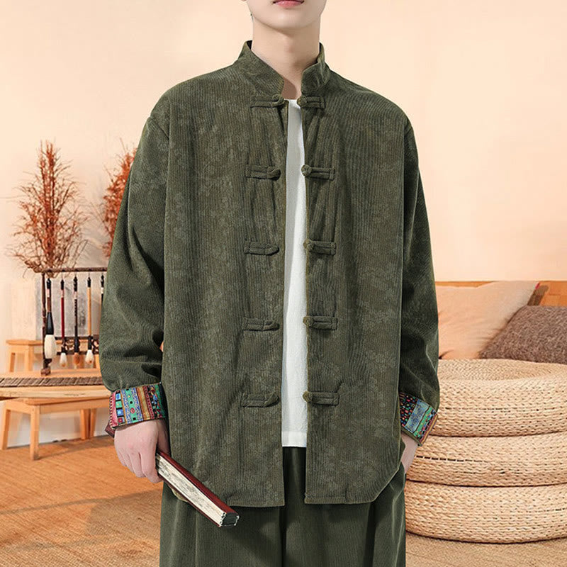 Buddha Stones Plain Plum Blossom Pattern Long Sleeve Men's Cotton Corduroy Tang Suit Jacket - OliveDrab - US/UK/AU46，EU56 (5XL) - image 0