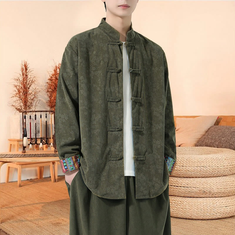 Buddha Stones Plain Plum Blossom Pattern Long Sleeve Men's Cotton Corduroy Tang Suit Jacket - image 2