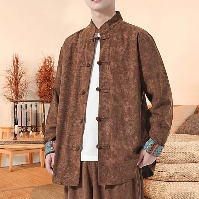 Buddha Stones Plain Plum Blossom Pattern Long Sleeve Men's Cotton Corduroy Tang Suit Jacket - image 16