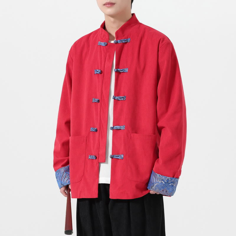 Buddha Stones Floral Design Long Sleeve Men's Cotton Corduroy Tang Suit Jacket With Pockets - image 3