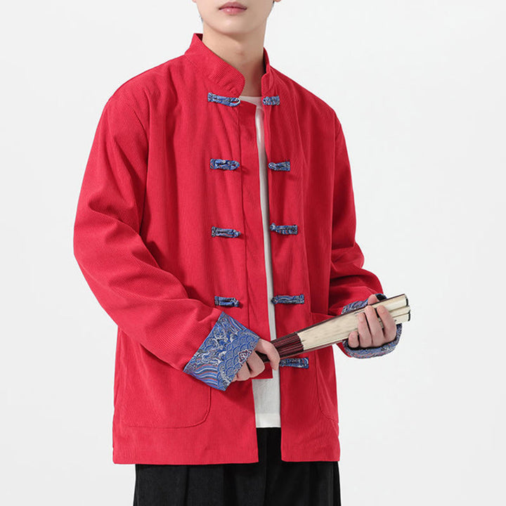 Buddha Stones Floral Design Long Sleeve Men's Cotton Corduroy Tang Suit Jacket With Pockets - Red - US/UK/AU46，EU56 (5XL) - image 0