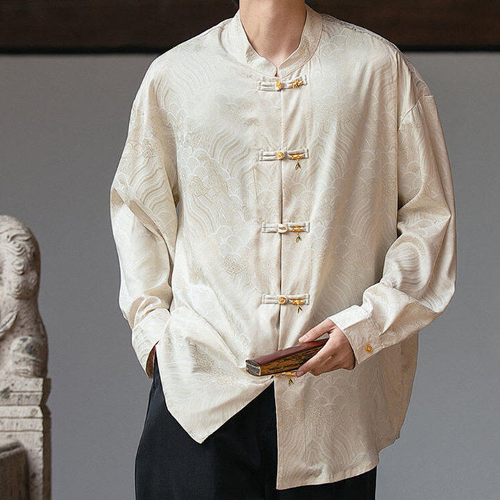 Buddha Stones Chinese Frog-Button Bamboo Shape Design Stand Collar Men's Long Sleeve Shirt - image 3