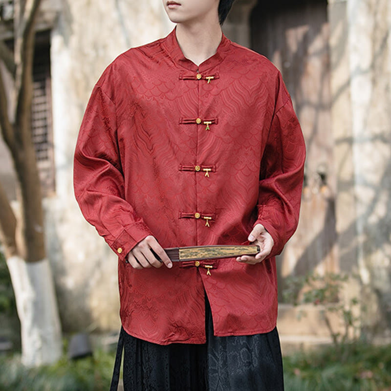 Buddha Stones Chinese Frog-Button Bamboo Shape Design Stand Collar Men's Long Sleeve Shirt - FireBrick - US/UK/AU46，EU56 (5XL) - image 18