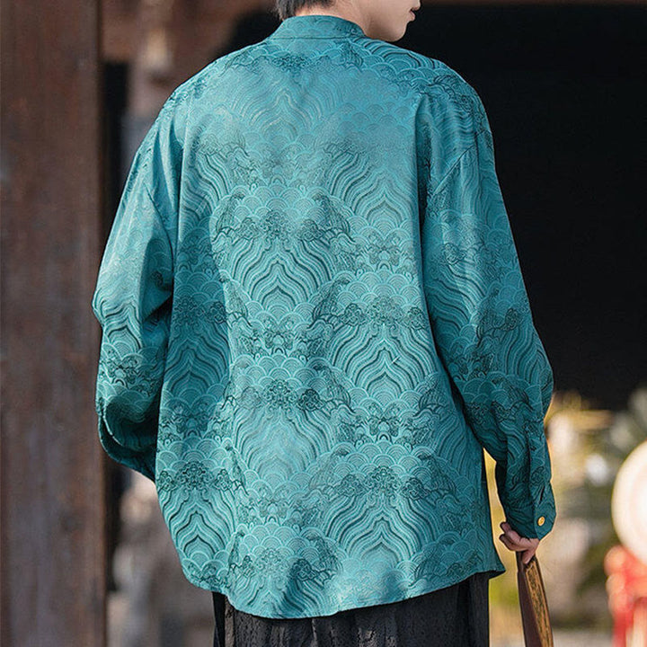 Buddha Stones Chinese Frog-Button Bamboo Shape Design Stand Collar Men's Long Sleeve Shirt - image 29