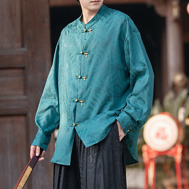 Buddha Stones Chinese Frog-Button Bamboo Shape Design Stand Collar Men's Long Sleeve Shirt - LightSeaGreen - US/UK/AU46，EU56 (5XL) - image 26