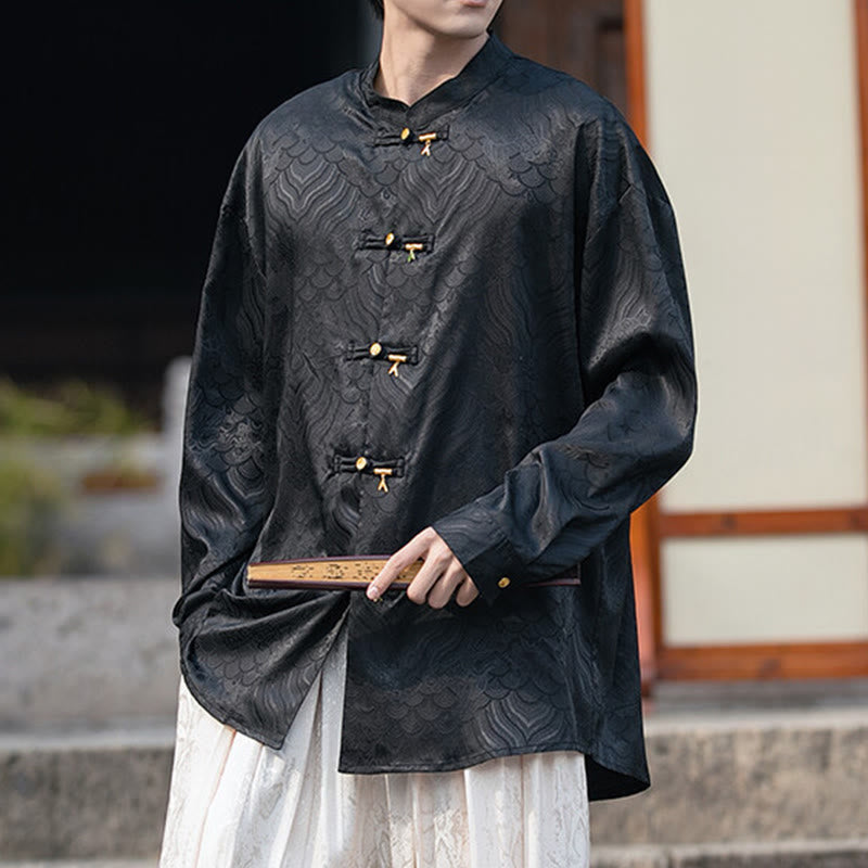 Buddha Stones Chinese Frog-Button Bamboo Shape Design Stand Collar Men's Long Sleeve Shirt - Black - US/UK/AU46，EU56 (5XL) - image 10