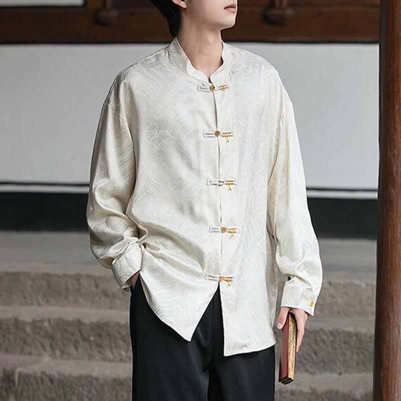 Buddha Stones Chinese Frog-Button Bamboo Shape Design Stand Collar Men's Long Sleeve Shirt - image 2