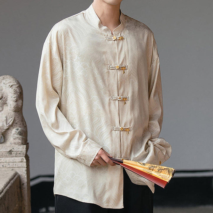 Buddha Stones Chinese Frog-Button Bamboo Shape Design Stand Collar Men's Long Sleeve Shirt - image 7