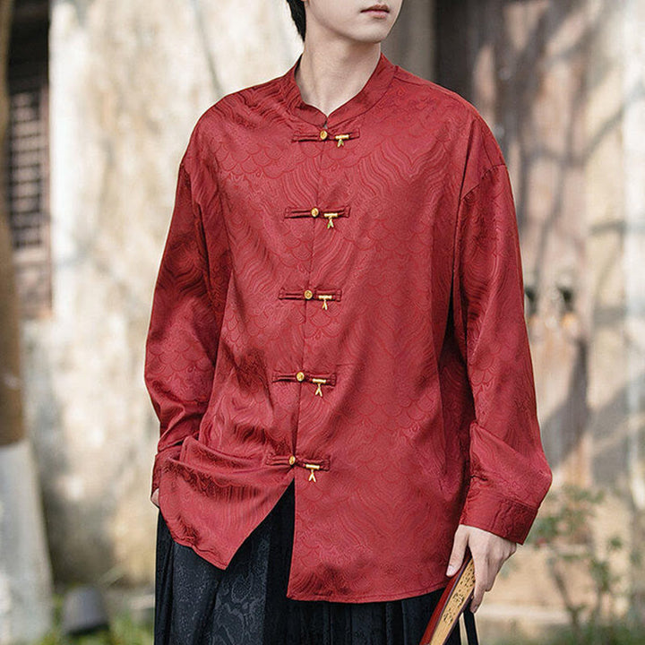Buddha Stones Chinese Frog-Button Bamboo Shape Design Stand Collar Men's Long Sleeve Shirt - image 20