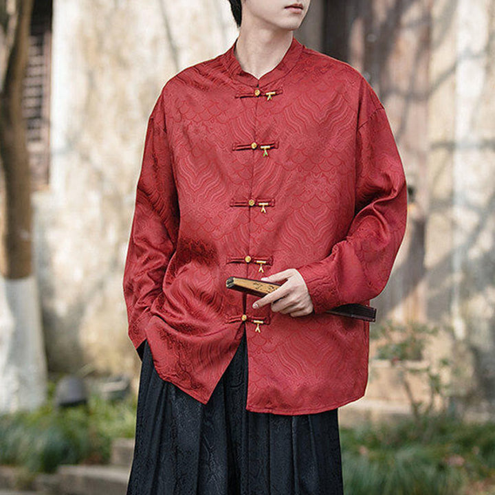 Buddha Stones Chinese Frog-Button Bamboo Shape Design Stand Collar Men's Long Sleeve Shirt - image 19