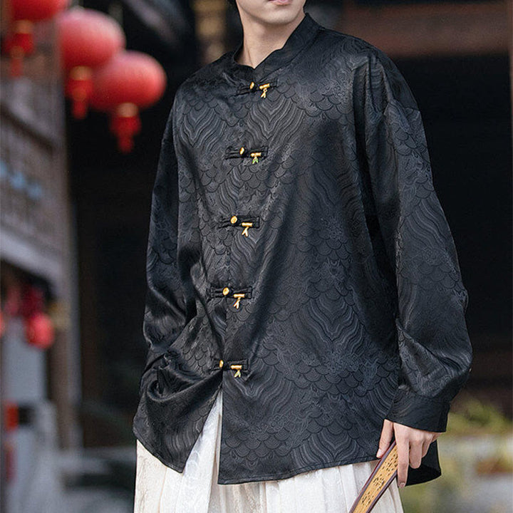 Buddha Stones Chinese Frog-Button Bamboo Shape Design Stand Collar Men's Long Sleeve Shirt - image 16