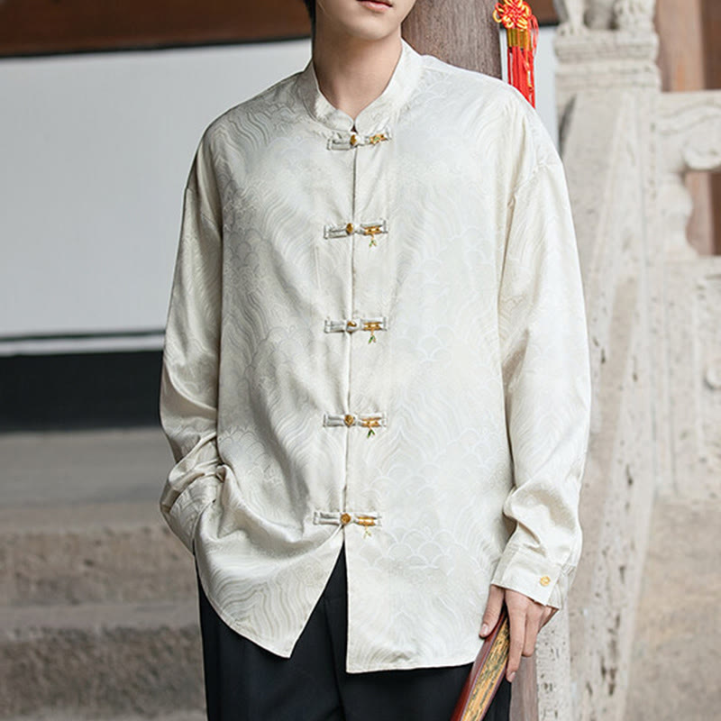 Buddha Stones Chinese Frog-Button Bamboo Shape Design Stand Collar Men's Long Sleeve Shirt - image 8