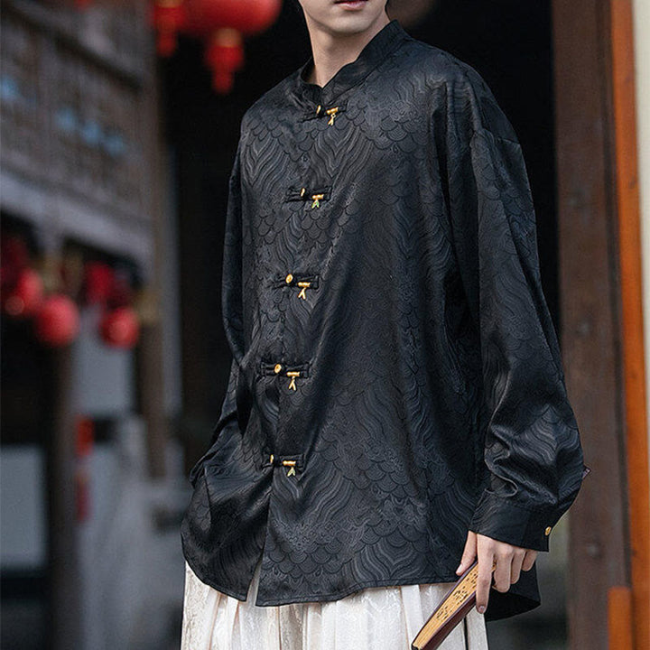 Buddha Stones Chinese Frog-Button Bamboo Shape Design Stand Collar Men's Long Sleeve Shirt - image 14