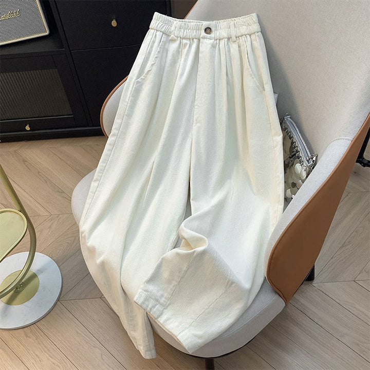Buddha Stones Plain Elastic Waistband Design Women's Wide Leg Corduroy Cotton Pants With Pockets - Beige - US8-10，UK/AU12-14，EU40-42 (2XL) - image 3