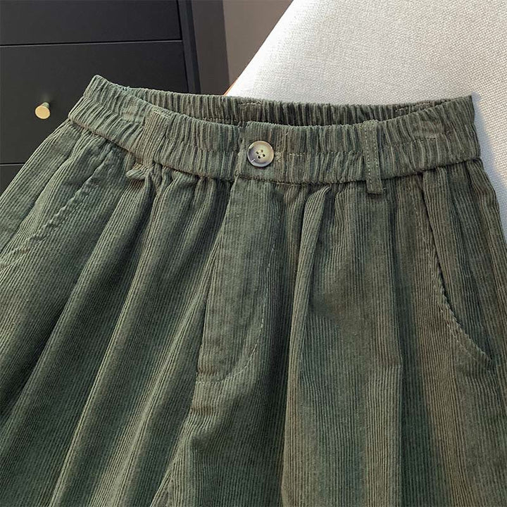 Buddha Stones Plain Elastic Waistband Design Women's Wide Leg Corduroy Cotton Pants With Pockets - image 1