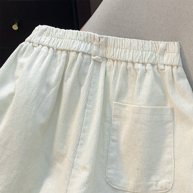 Buddha Stones Plain Elastic Waistband Design Women's Wide Leg Corduroy Cotton Pants With Pockets - image 6