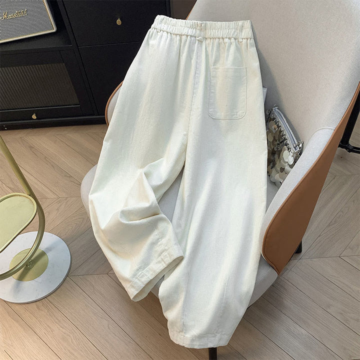 Buddha Stones Plain Elastic Waistband Design Women's Wide Leg Corduroy Cotton Pants With Pockets - image 4
