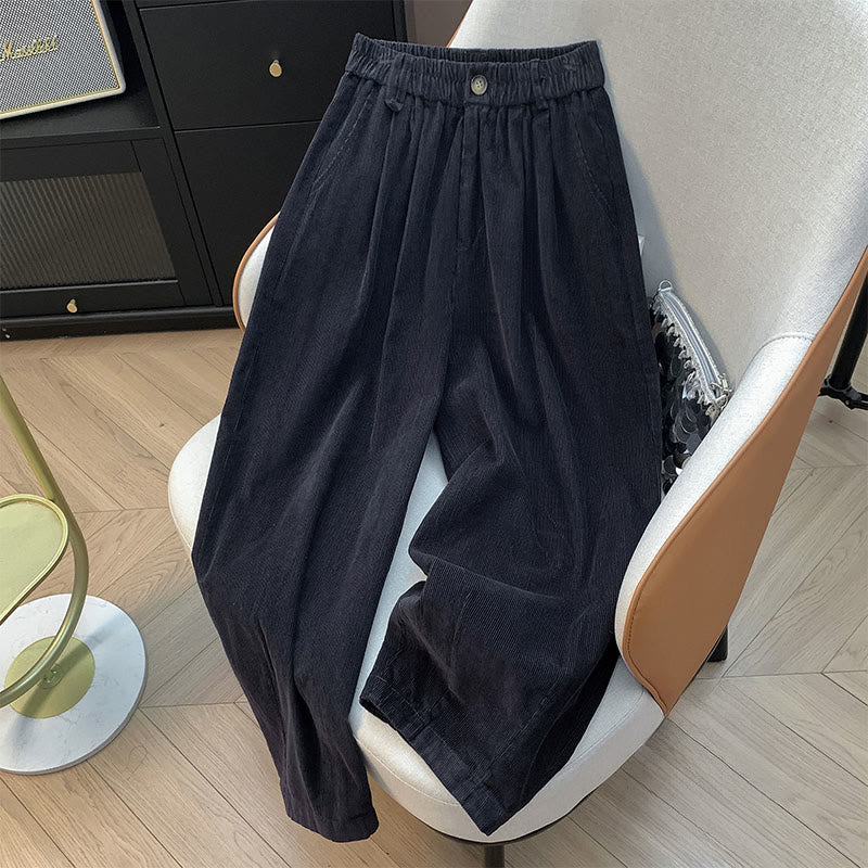 Buddha Stones Plain Elastic Waistband Design Women's Wide Leg Corduroy Cotton Pants With Pockets - DimGray - US8-10，UK/AU12-14，EU40-42 (2XL) - image 19