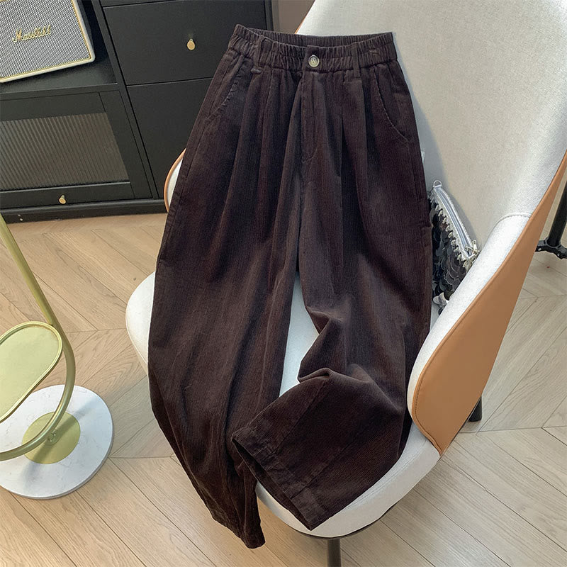 Buddha Stones Plain Elastic Waistband Design Women's Wide Leg Corduroy Cotton Pants With Pockets - Maroon - US8-10，UK/AU12-14，EU40-42 (2XL) - image 13