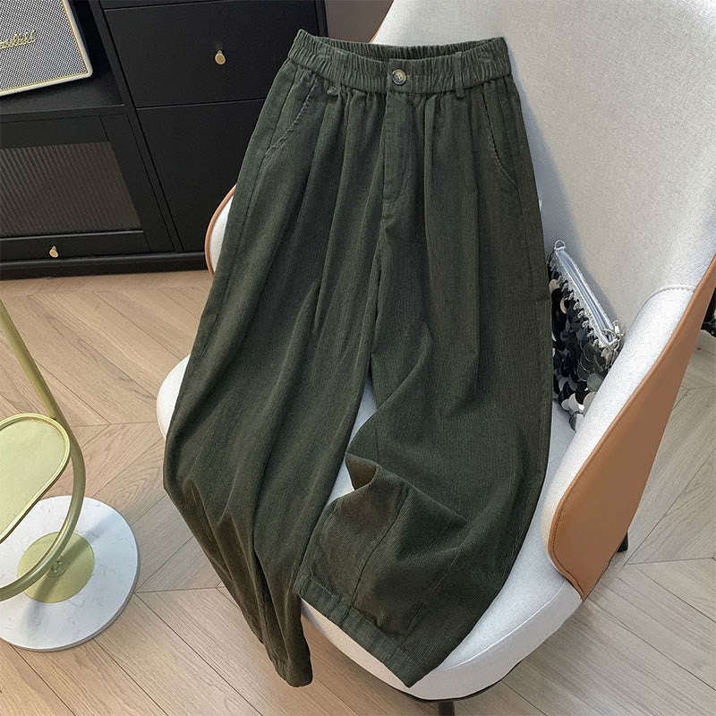 Buddha Stones Plain Elastic Waistband Design Women's Wide Leg Corduroy Cotton Pants With Pockets - DarkOliveGreen - US8-10，UK/AU12-14，EU40-42 (2XL) - image 0