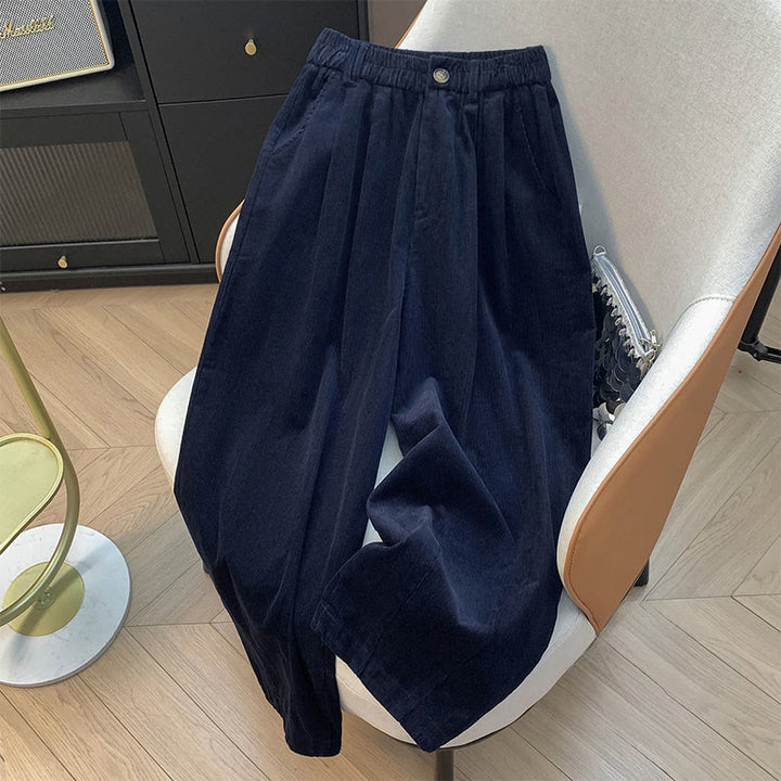 Buddha Stones Plain Elastic Waistband Design Women's Wide Leg Corduroy Cotton Pants With Pockets - MidnightBlue - US8-10，UK/AU12-14，EU40-42 (2XL) - image 17