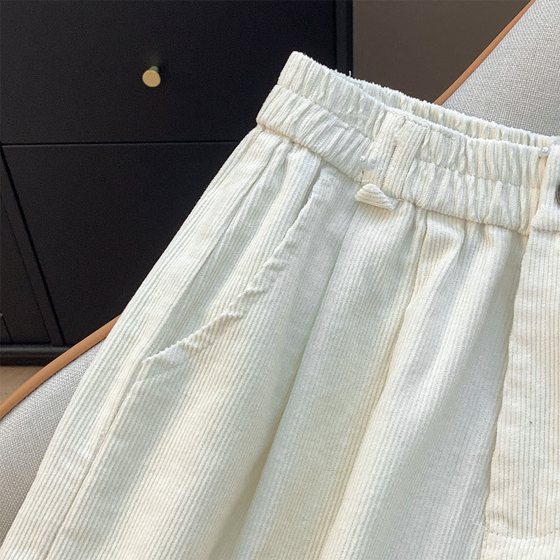 Buddha Stones Plain Elastic Waistband Design Women's Wide Leg Corduroy Cotton Pants With Pockets - image 8